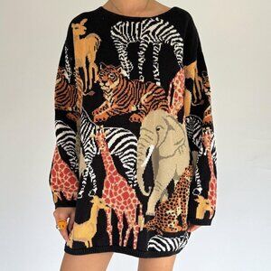 90s vintage safari animal embroidered novelty long sleeved knit sweater tunic